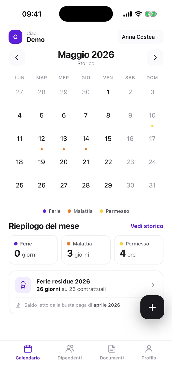 L'app Cedolina: calendario condiviso con ferie, malattie e permessi e riepilogo del mese